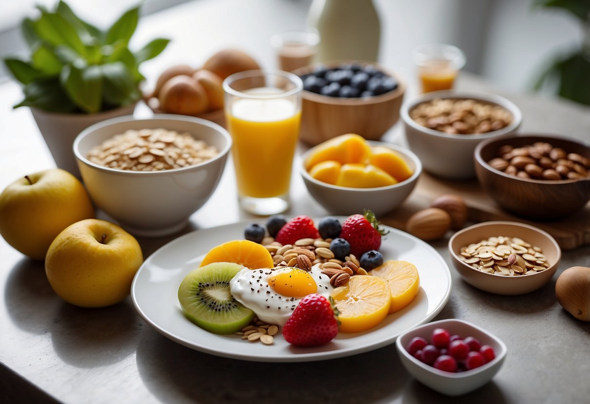 A table with a variety of healthy breakfast ingredients, such as fruits, nuts, oats, and yogurt, displayed in an organized and appetizing manner