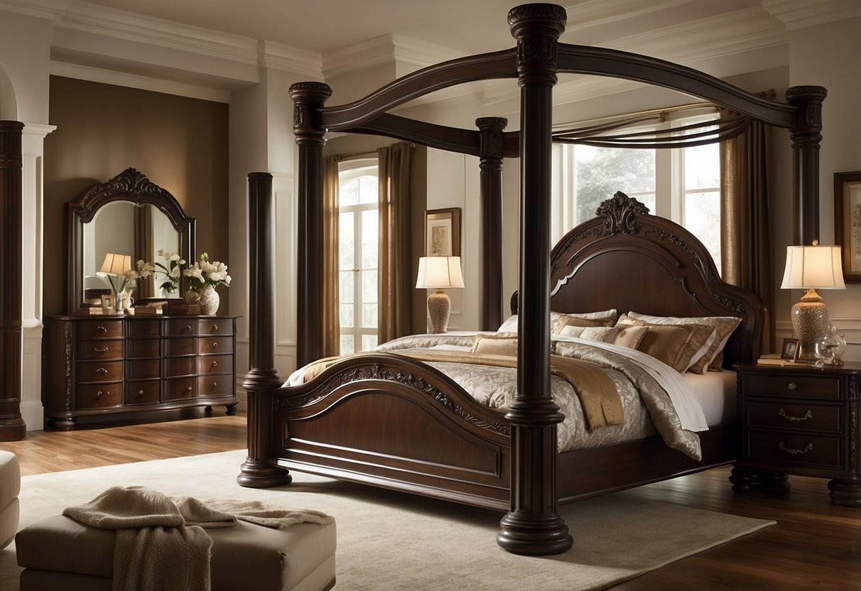 A grand queen bedroom set with a regal canopy bed, ornate dressers, and elegant nightstands. Rich wood tones and luxurious fabrics create a sophisticated and opulent atmosphere