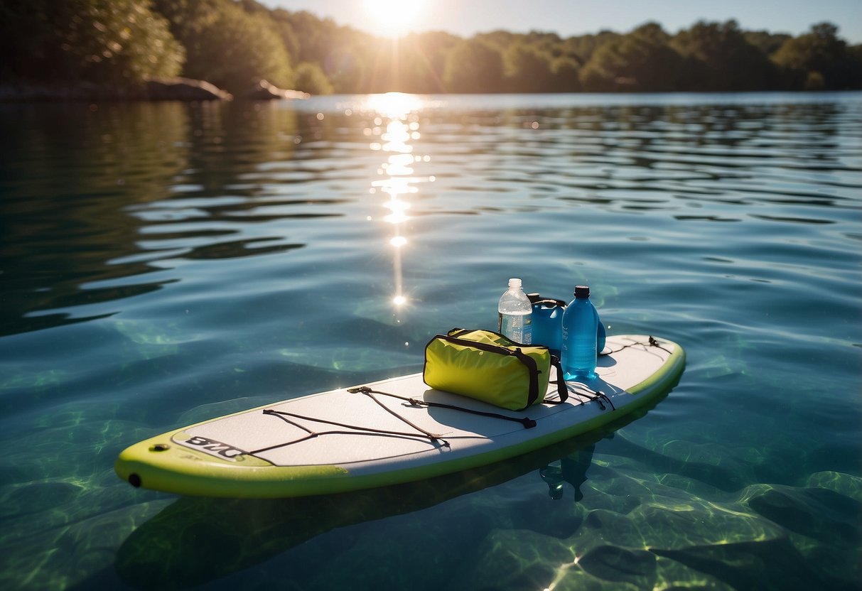 A paddleboard floats on calm, blue waters. A water bottle sits nearby, along with a hydration pack. The sun shines down, reflecting off the surface of the water