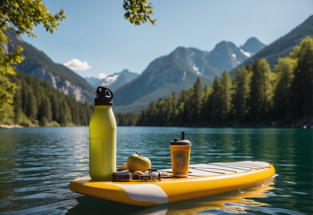 A paddleboard with a refillable water bottle, sunscreen, hat, and snacks on a calm, sunny lake surrounded by trees and mountains