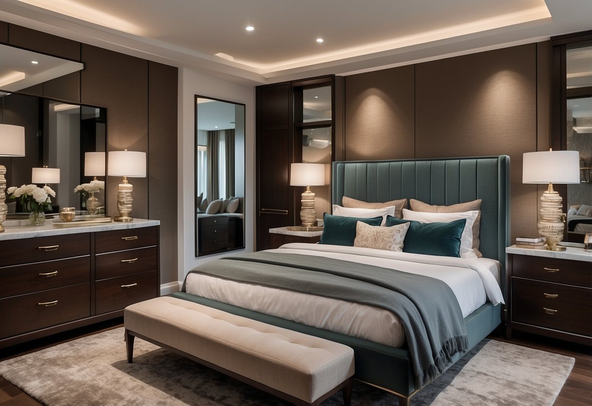 A spacious bedroom with elegant queen furniture sets, including a bed, nightstands, dresser, and mirror. Rich wood tones and luxurious fabrics create a cozy and sophisticated atmosphere