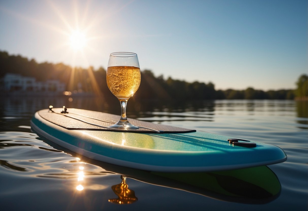 A paddleboard floats on calm water, a colorful electrolyte-rich beverage sits on the board's surface. The sun shines brightly in the sky, creating a serene and peaceful setting