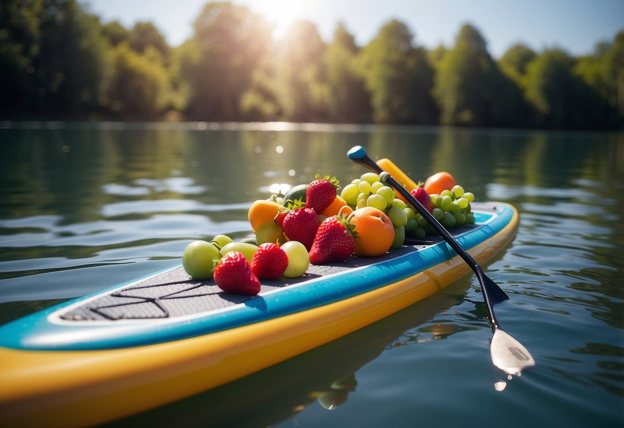 A paddleboard sits on a calm, blue lake. A colorful array of water-rich fruits and vegetables surround it, including watermelon, cucumber, and strawberries. The sun shines brightly in the sky