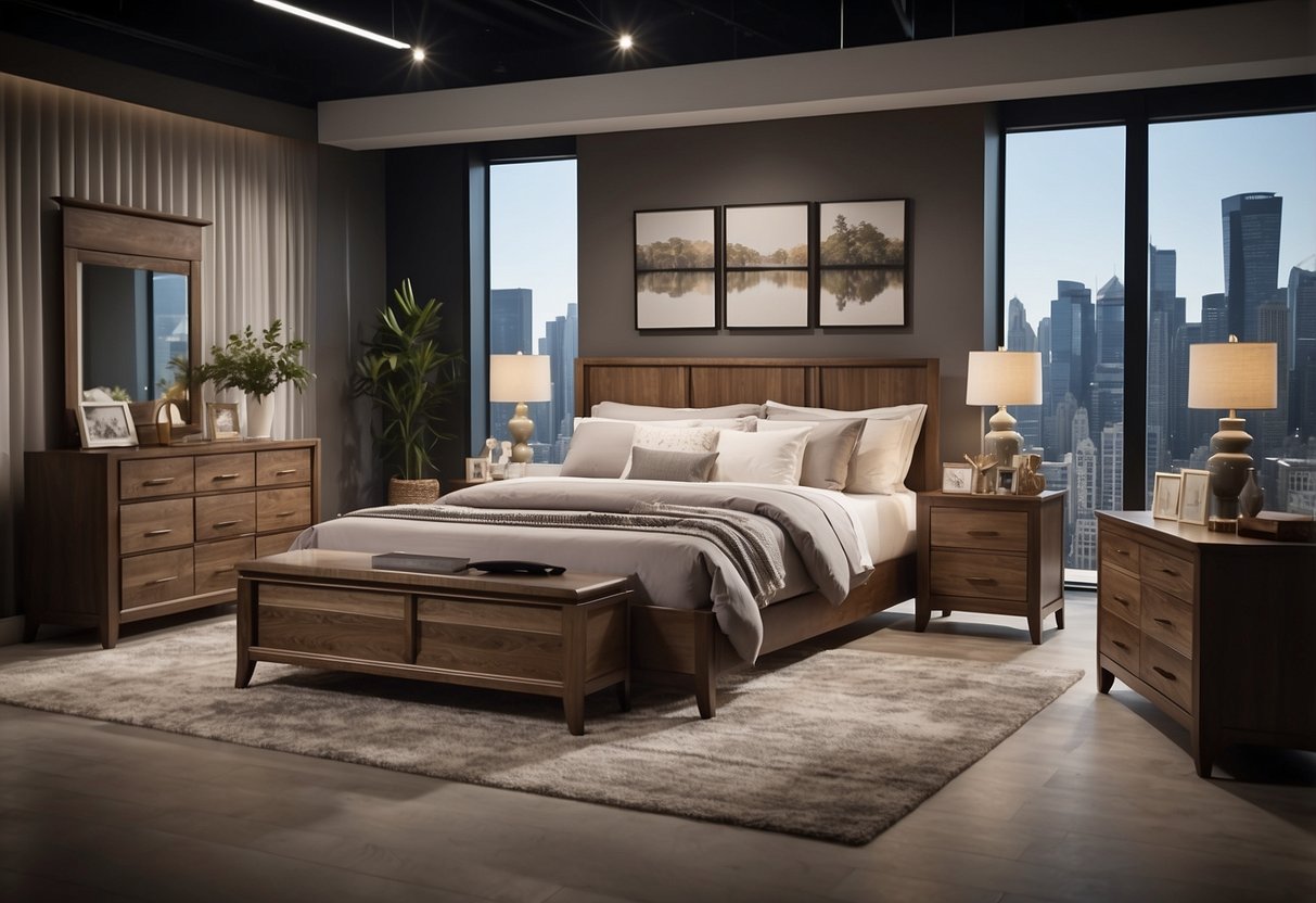 A couple compares prices and styles of queen bedroom furniture sets in a spacious, well-lit showroom