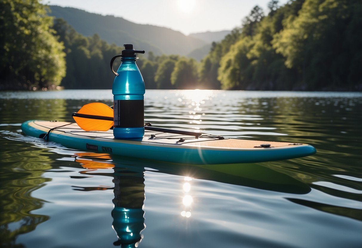 A paddleboard floating on calm water, with a water bottle and a hydration pack nearby. Sun shining overhead, surrounded by nature