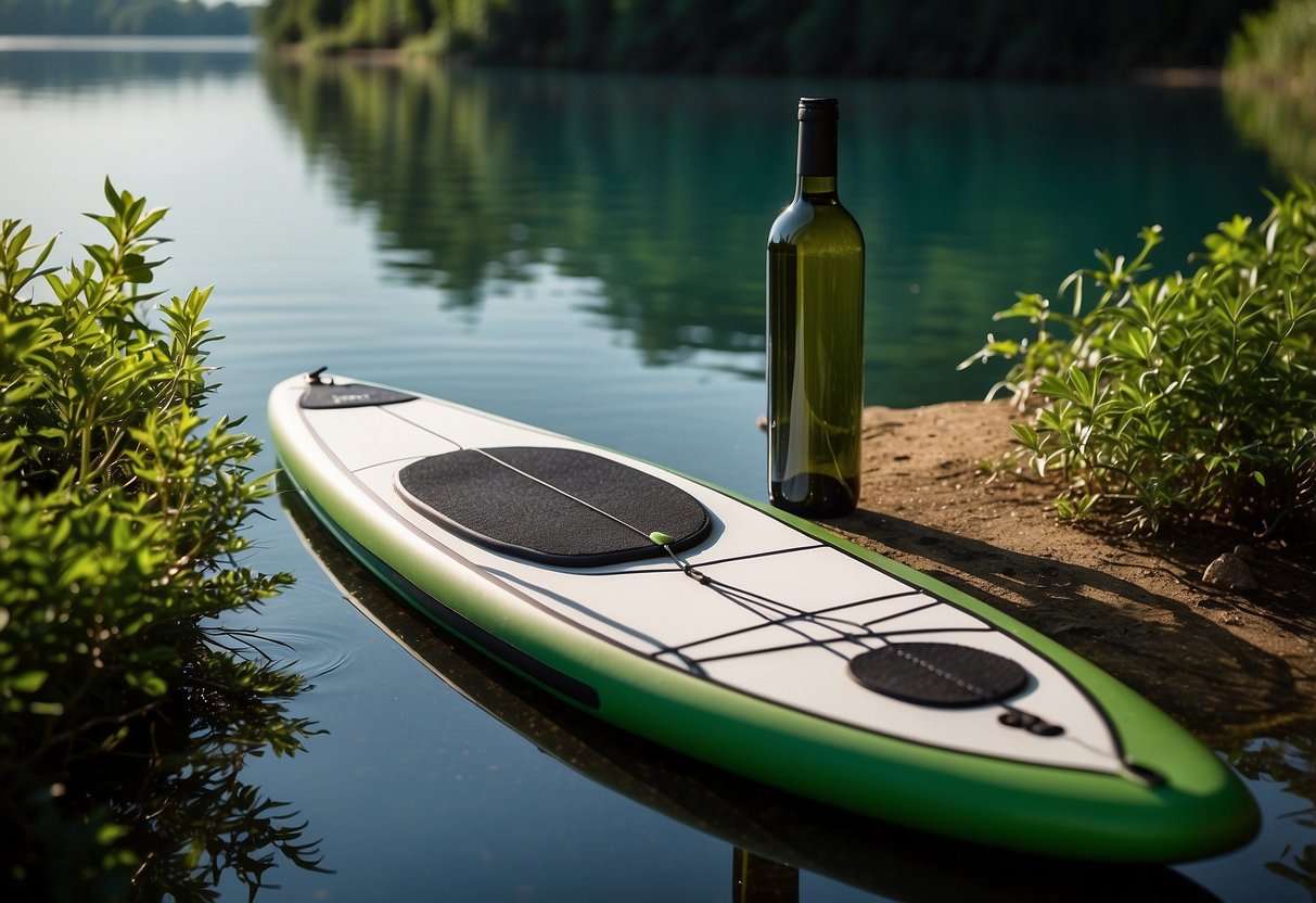 A paddleboard sits on calm waters, surrounded by lush greenery. A water bottle and a glass of water are placed nearby, while a coffee cup and a wine glass are conspicuously absent