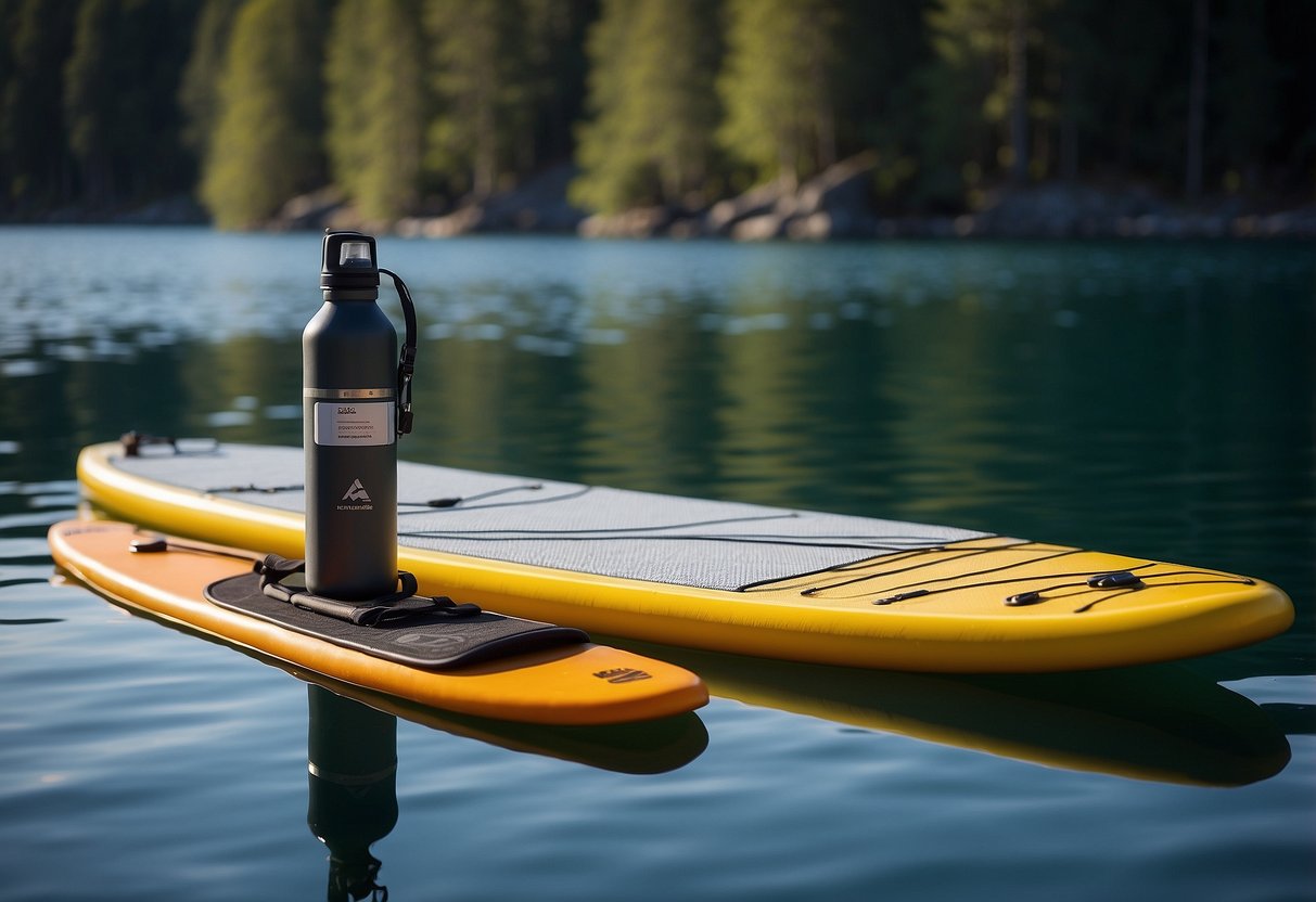 A paddleboard floats on calm water with a water bottle and hydration pack nearby. A color chart for urine monitoring is displayed prominently