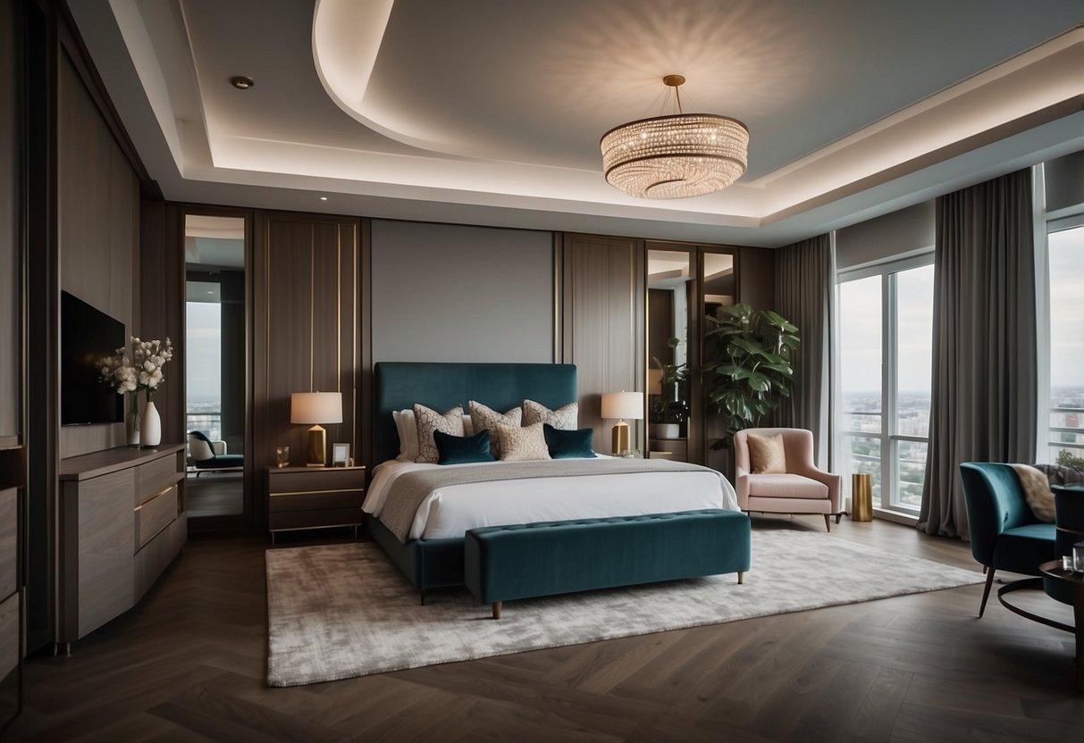 A spacious bedroom with a luxurious queen bed, matching furniture sets, and elegant decor. The room exudes comfort and sophistication, creating a perfect retreat for relaxation