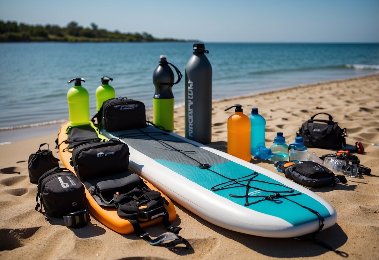 A paddleboard with various hydration gear options laid out on a beach, including water bottles, hydration packs, and electrolyte tablets