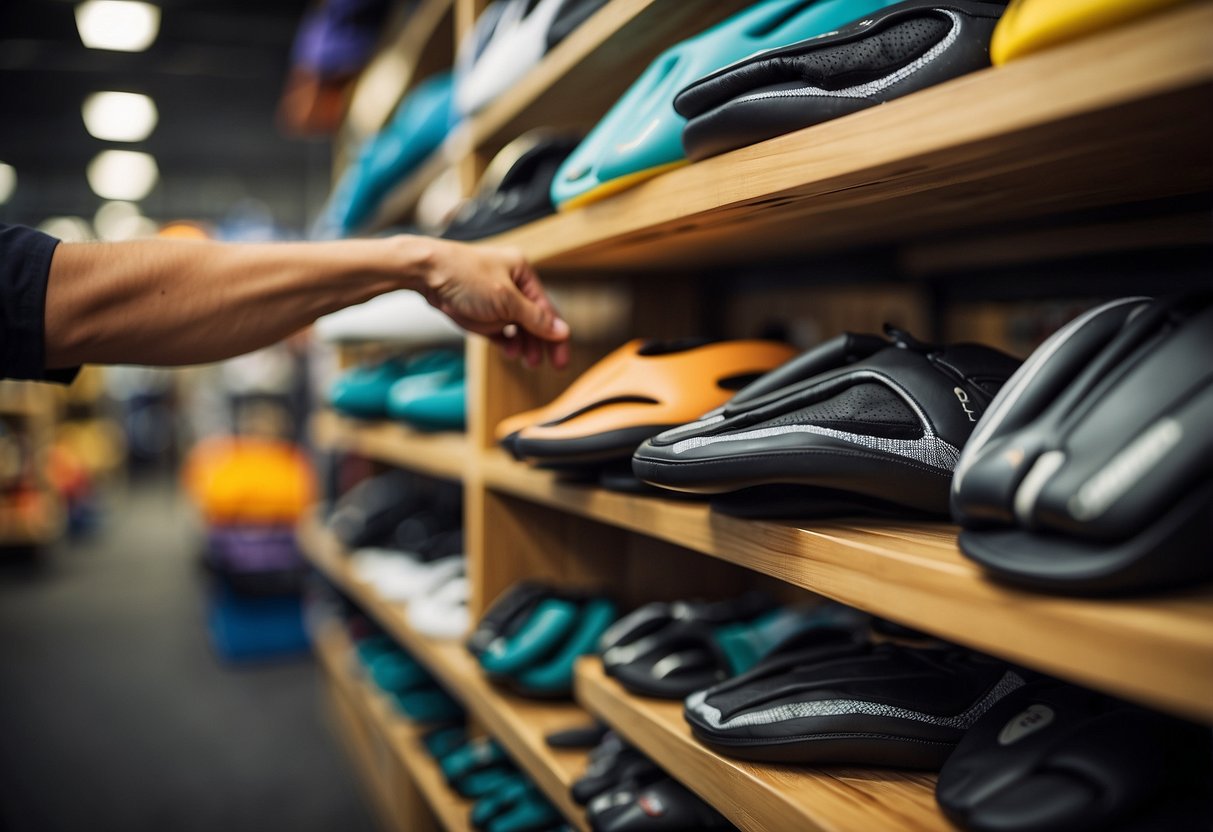 A hand reaching for a pair of paddleboarding gloves on a store shelf, with various options displayed in the background