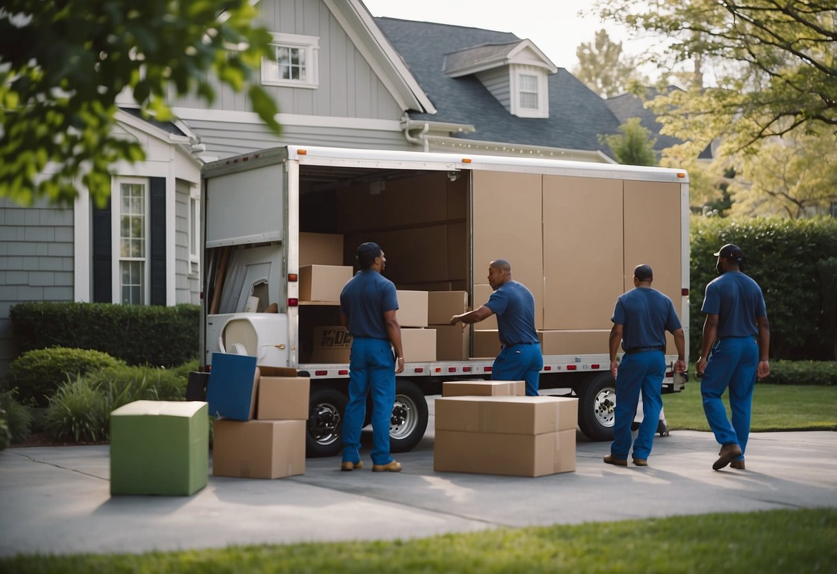 A moving truck parked outside a house, with workers carrying furniture and loading it onto the truck. Boxes and moving supplies scattered around the front yard