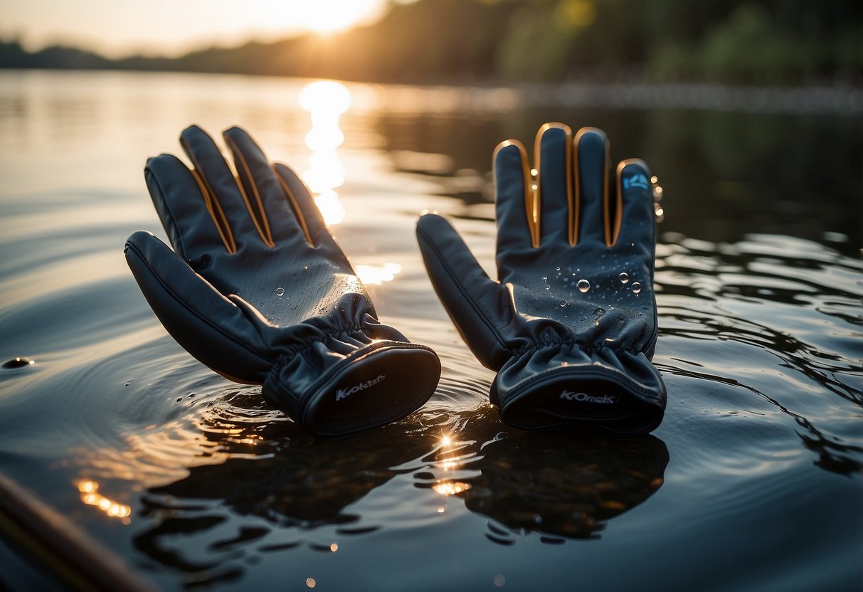 A pair of Kokatat Lightweight Gloves lying on a paddleboard, with water droplets and sunlight reflecting off the smooth, protective material