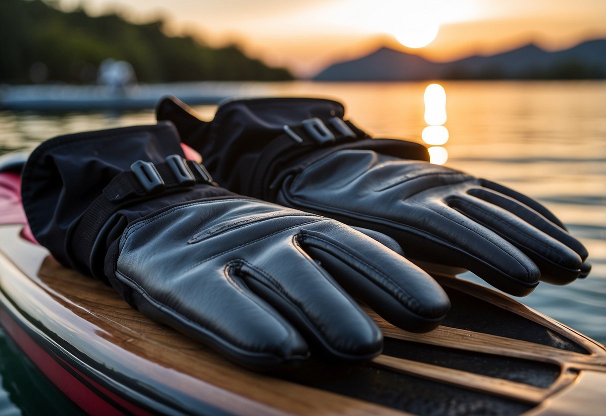 A pair of Seavenger Abyss Dive Gloves lays on a paddleboard, ready for action. The gloves feature durable material and reinforced palms for maximum protection