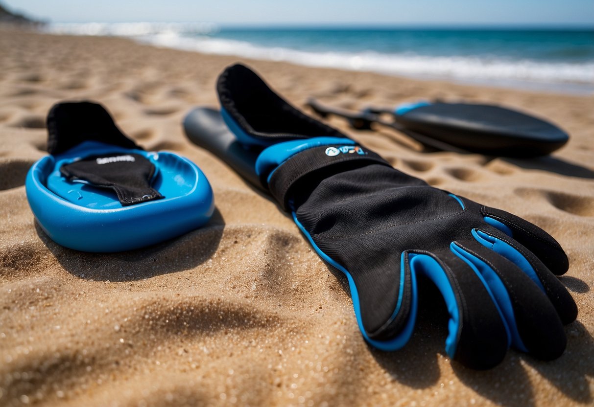 A pair of H2Odyssey neoprene gloves lay on a sandy beach, next to a paddleboard and a calm ocean. The gloves are black with a blue logo, and they appear to be durable and protective