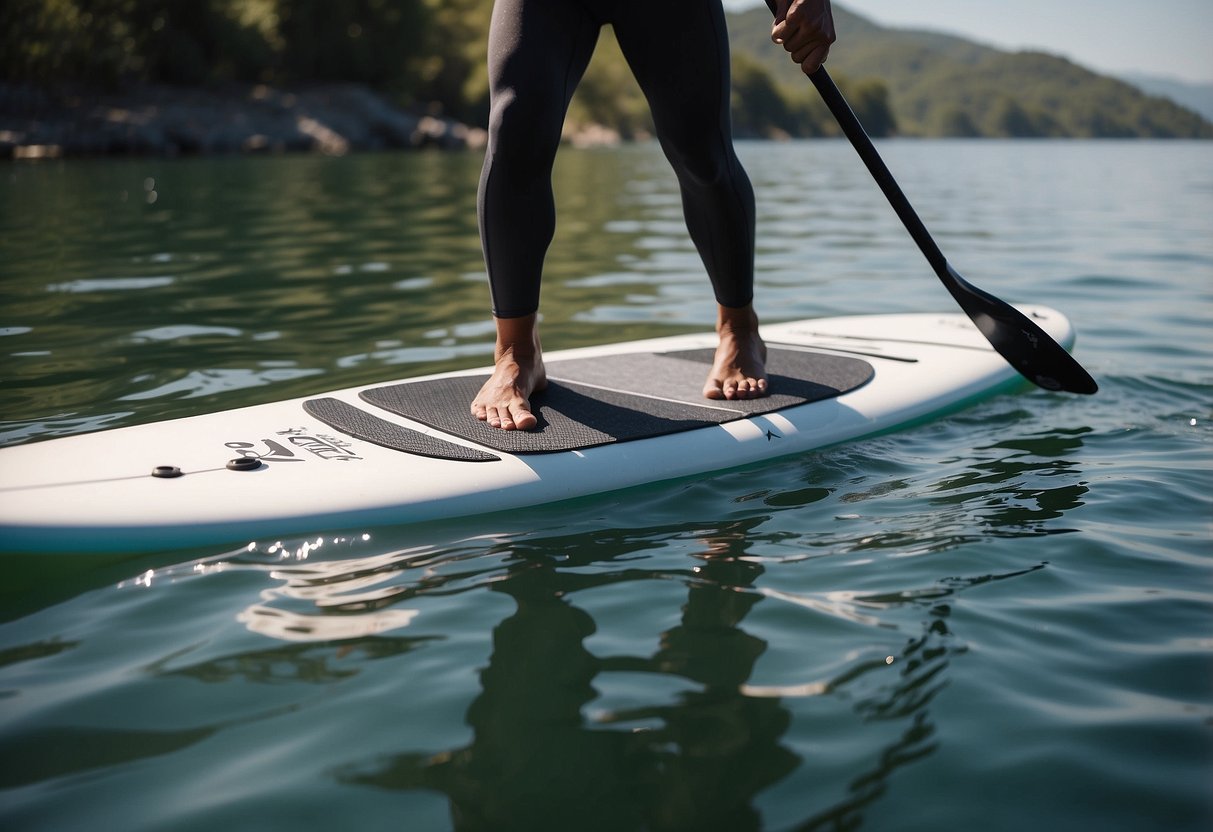 A paddleboarder wearing Body Glove Power Paddle Paws, gliding through calm waters with protective gloves gripping the paddle, surrounded by a serene natural landscape