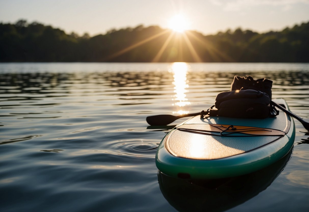 A paddleboard sits on calm waters, with a pair of gloves resting on the board. The sun shines overhead, and the gloves provide protection for the hands during paddleboarding activities