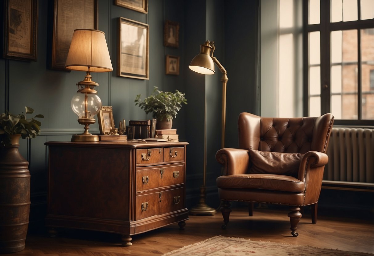 A room filled with vintage looking furniture, including a worn leather armchair, a wooden writing desk, and a brass floor lamp