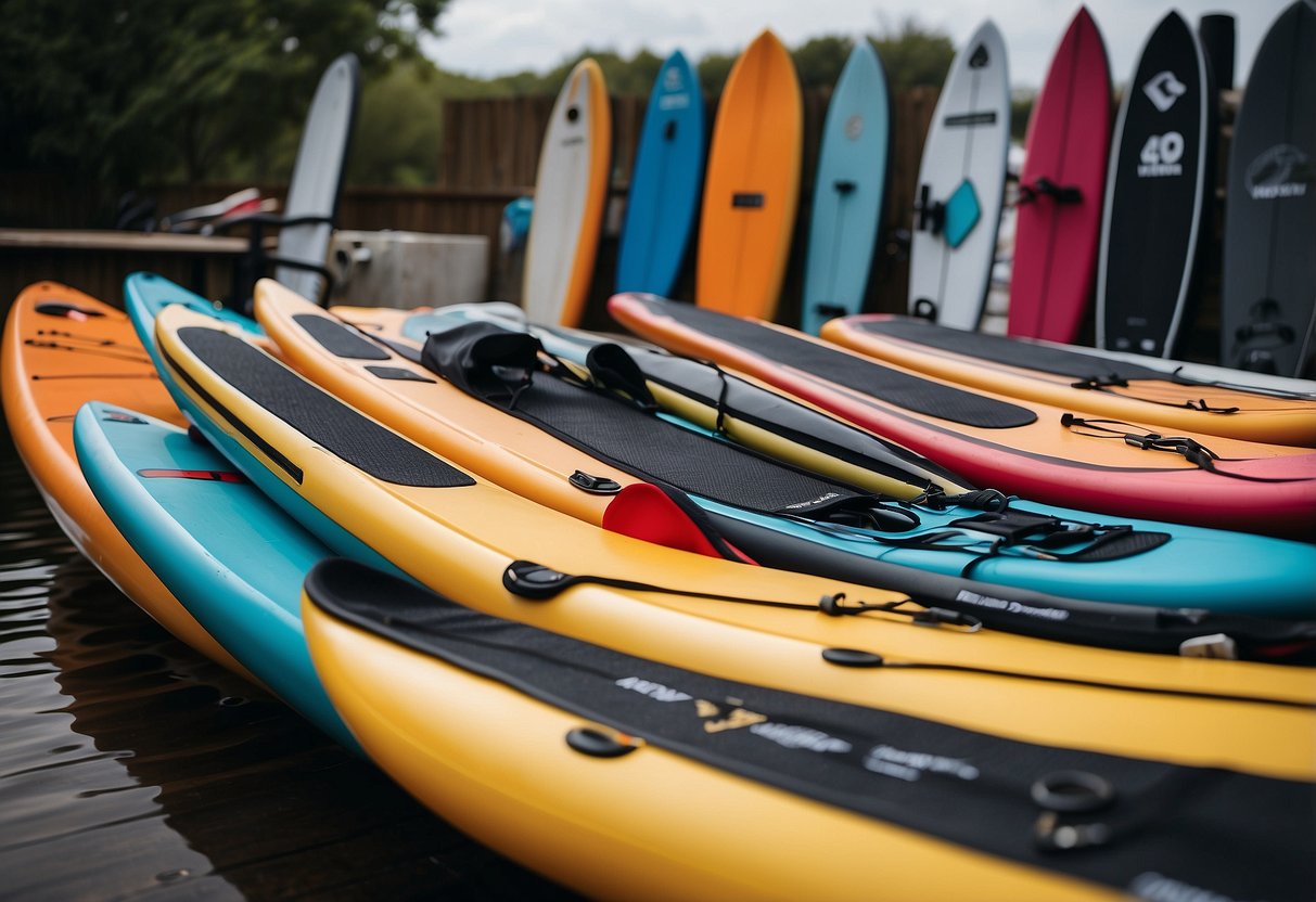 The scene shows a variety of paddleboarding gloves laid out with different features highlighted. The gloves are arranged neatly, and the top five best gloves are emphasized