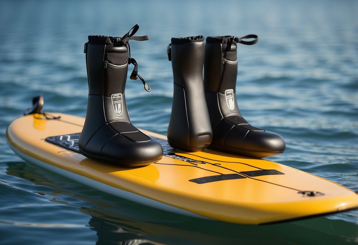 A pair of paddleboarding gloves laid out on a clean, well-maintained paddleboard. The gloves are made of durable material and show no signs of wear and tear