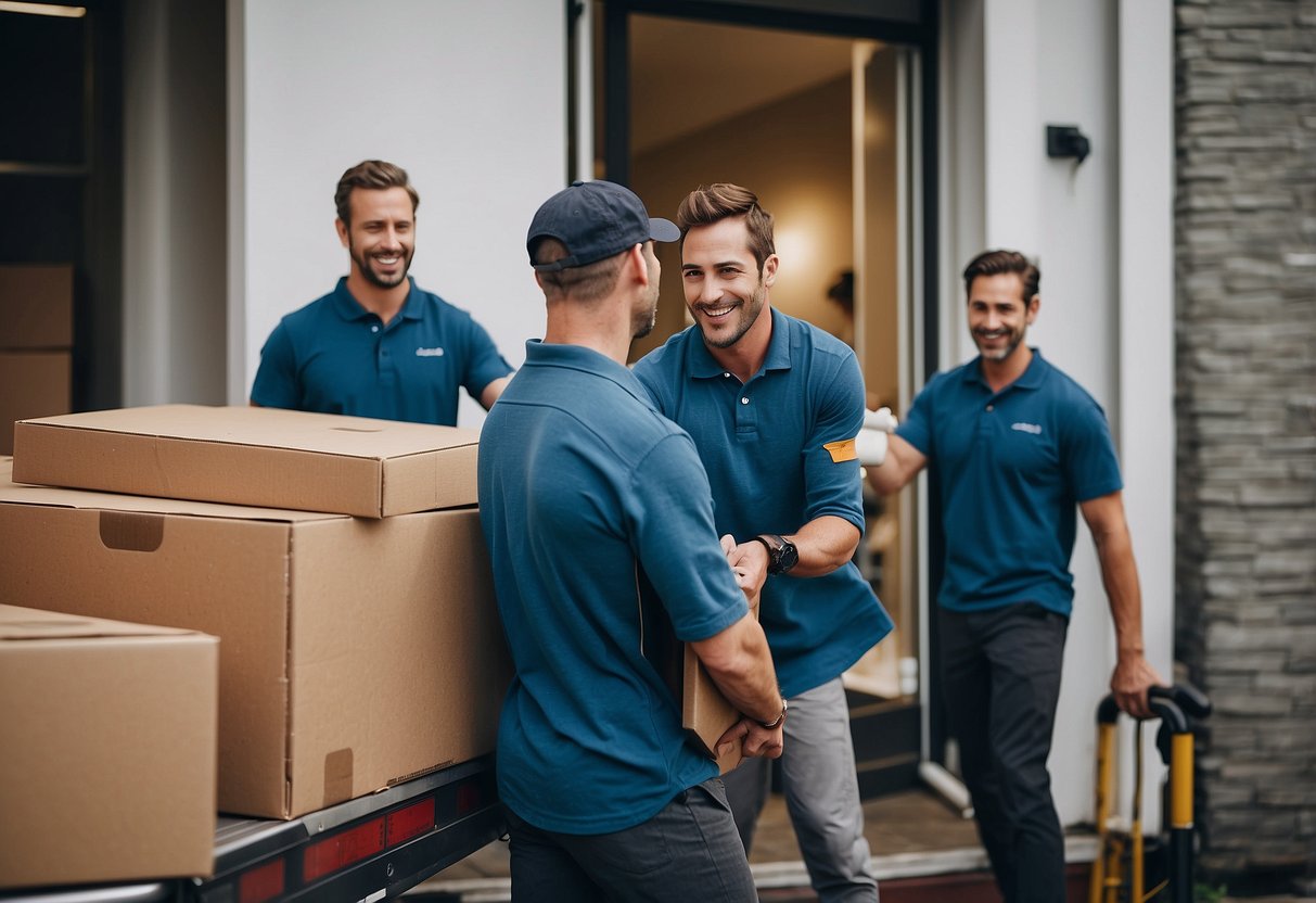 A team of movers carefully lifting and transporting furniture through a doorway, while a customer looks on with a satisfied expression