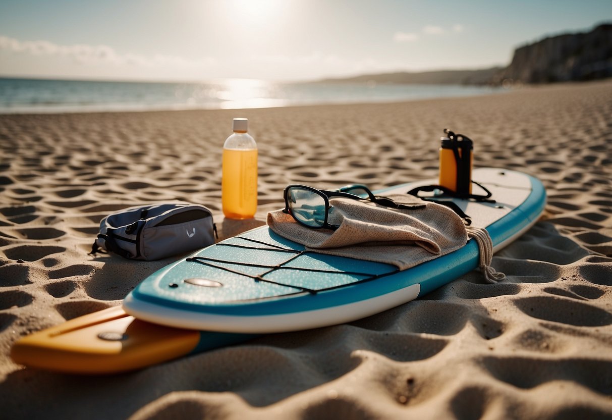 A bright, sunny beach with a paddleboard resting on the sand. Nearby, a small first aid kit sits open, displaying items like bandages and antiseptic wipes