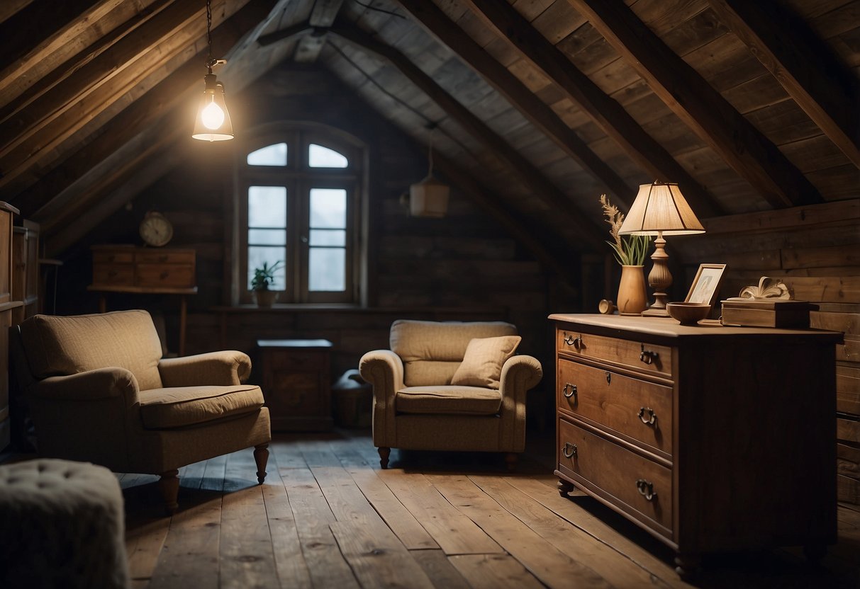 A dimly lit attic reveals a treasure trove of vintage furniture, with worn wood and faded upholstery exuding a timeless charm