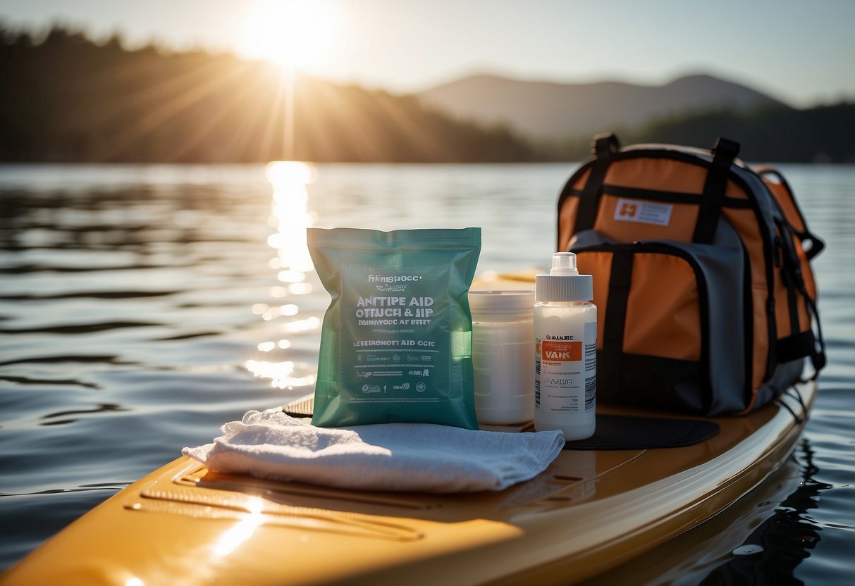 A pile of adhesive bandages, antiseptic wipes, and gauze sits next to a waterproof first aid kit on a paddleboard. The sun shines down on the serene water, with a distant shoreline in the background