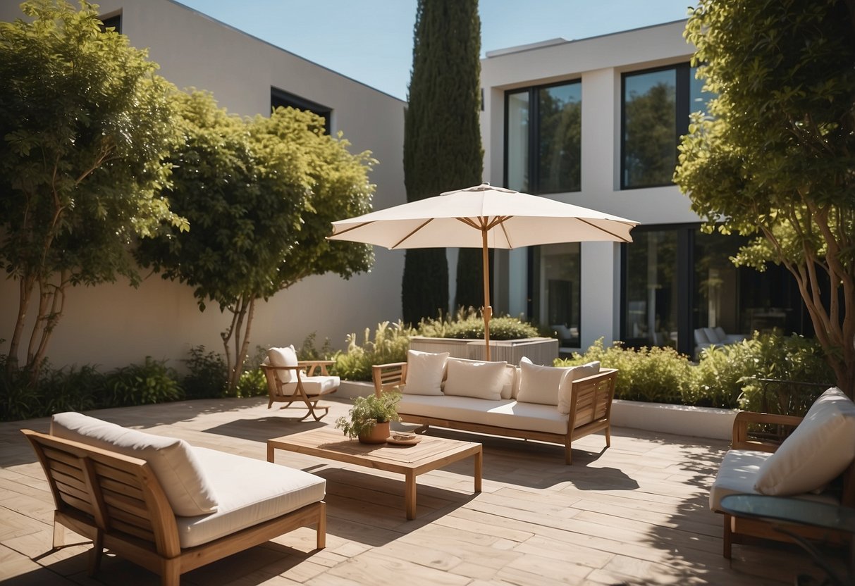 A sunny courtyard with modern outdoor furniture, surrounded by lush greenery and a clear blue sky