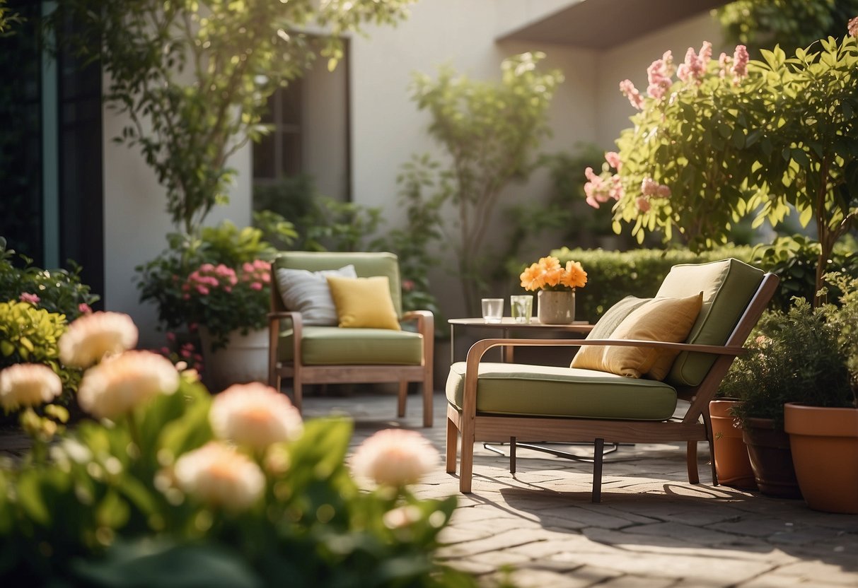 A sunny patio with Pomelo outdoor furniture, surrounded by lush greenery and colorful flowers