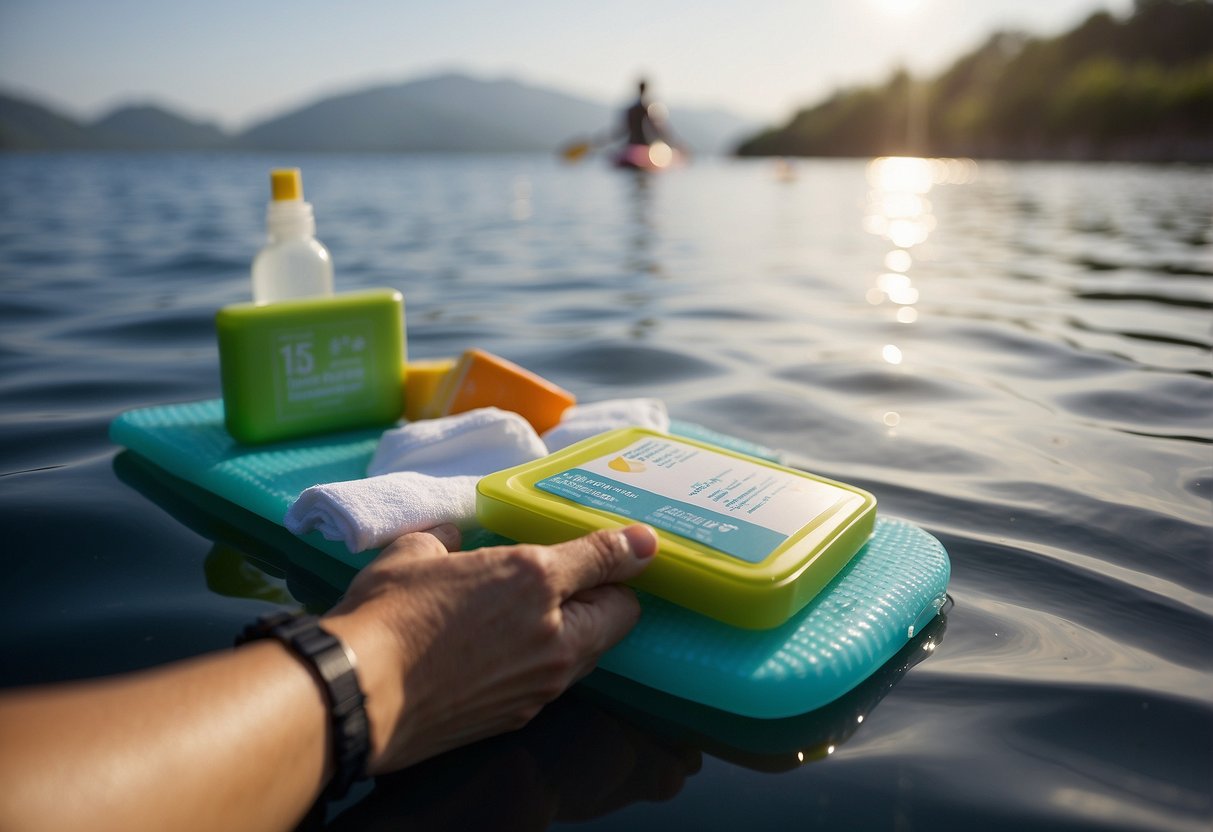 A hand reaches for a pack of antiseptic wipes among other first aid items on a paddleboard. The wipes are neatly arranged with other essentials