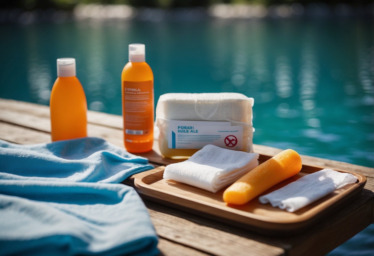 A table with open sterile gauze pads, bandages, and antiseptic wipes. Nearby, a first aid kit, sunscreen, and a paddleboard on a calm, blue lake