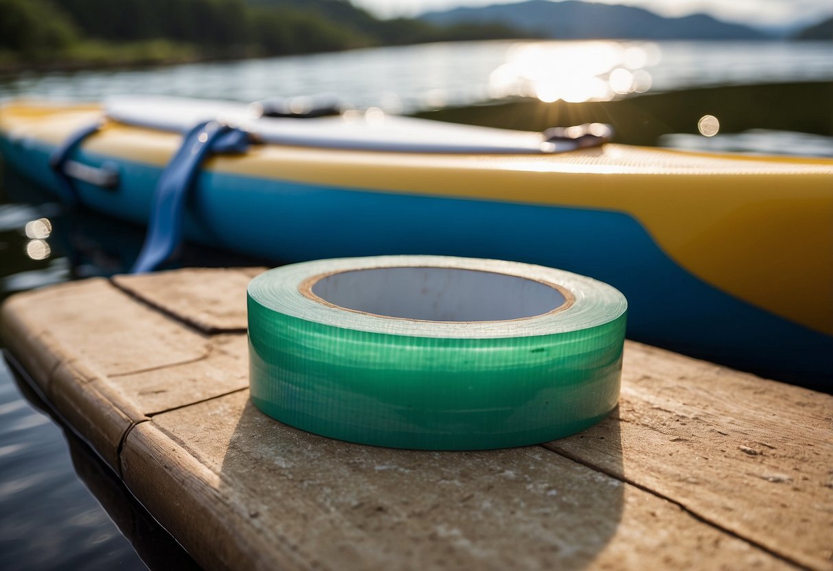 A roll of medical tape sits next to a first aid kit on a paddleboard. The tape is neatly wrapped and ready for use in case of an emergency