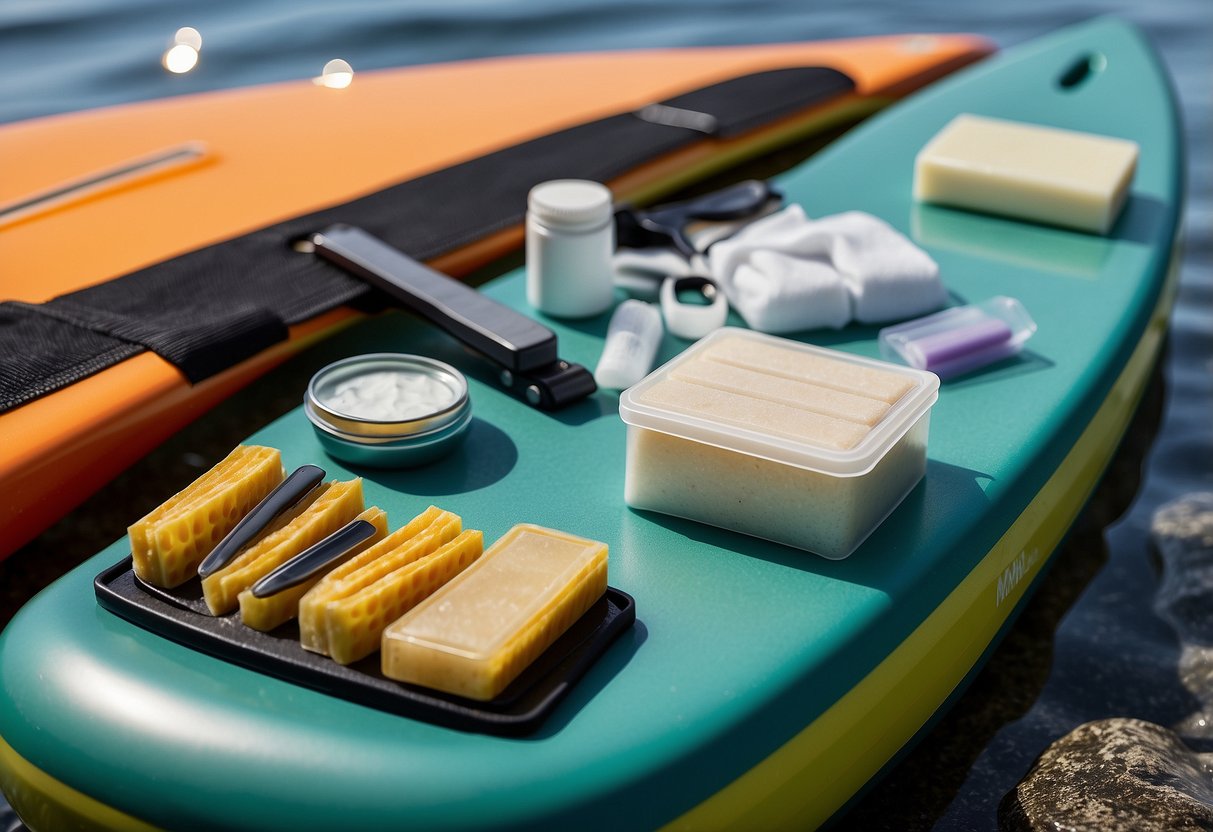 A pair of tweezers placed next to a first aid kit on a paddleboard, surrounded by other essential first aid items such as bandages, antiseptic wipes, and scissors