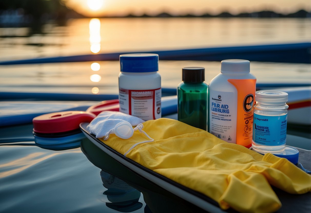 A pair of disposable gloves lying next to a first aid kit on a paddleboard, surrounded by other essential items like bandages and antiseptic wipes