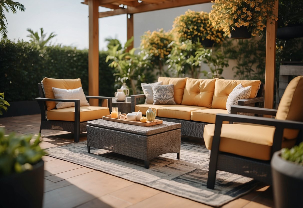 A sunny patio with modern pomelo outdoor furniture, featuring sleek lines and durable materials