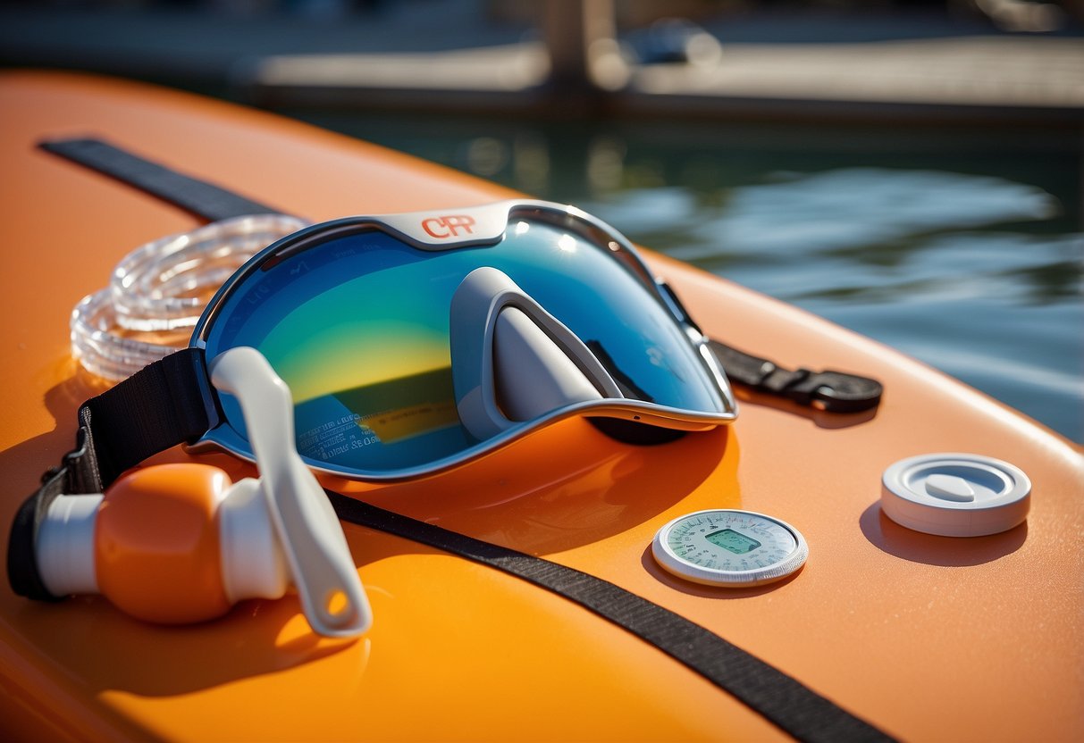 A CPR mask lies on a bright orange paddleboard, surrounded by other essential first aid items. The sun is shining, and the water glistens in the background