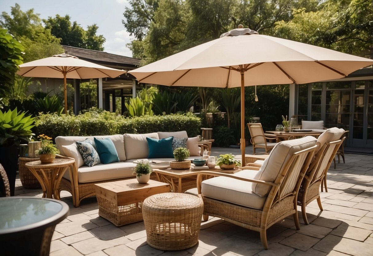 A sunny outdoor showroom displays various furniture sets, including loungers, dining tables, and umbrellas, surrounded by lush greenery