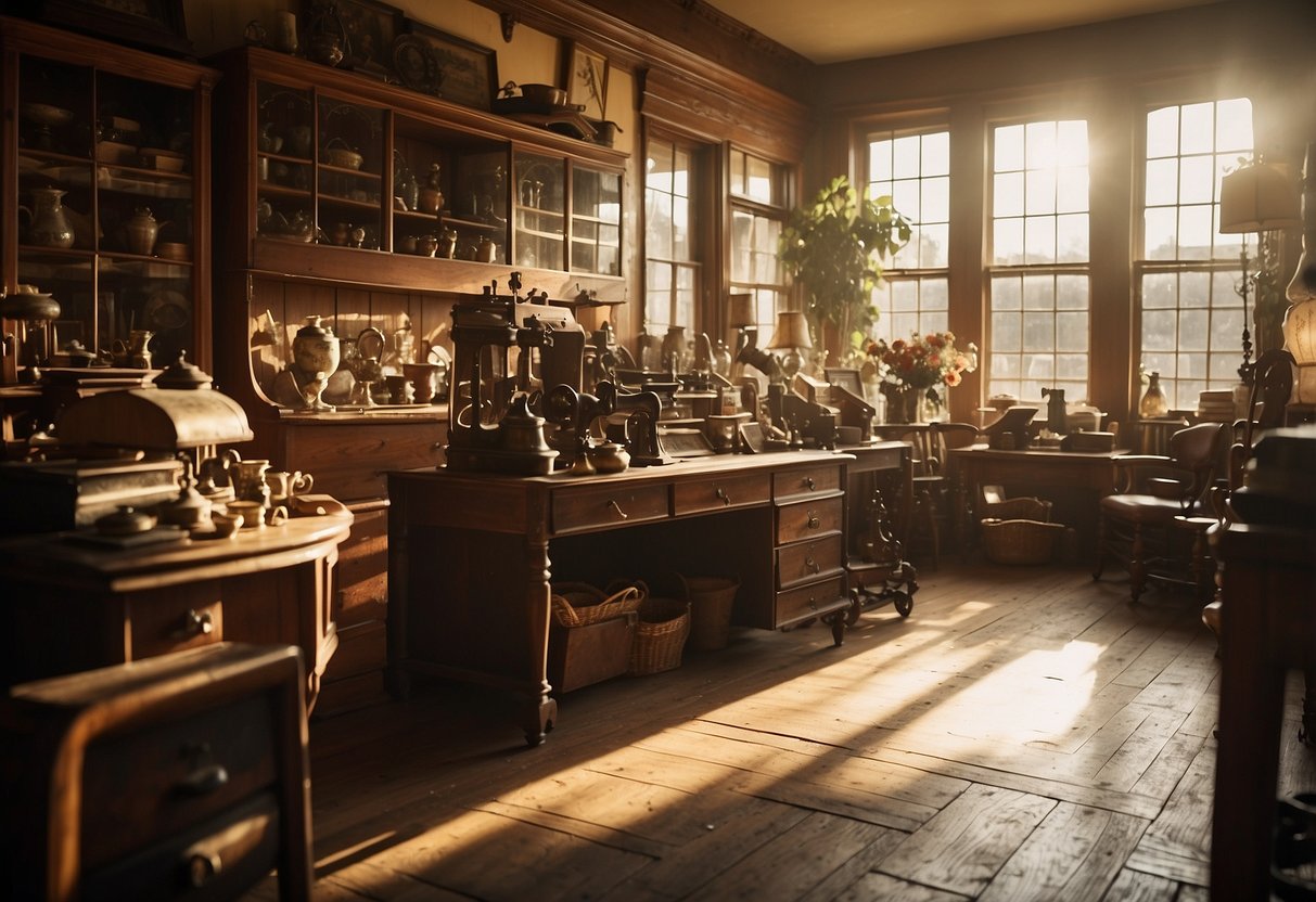A cluttered antique shop filled with vintage looking furniture and decor. Sunlight streams through dusty windows, casting a warm glow on the aged items