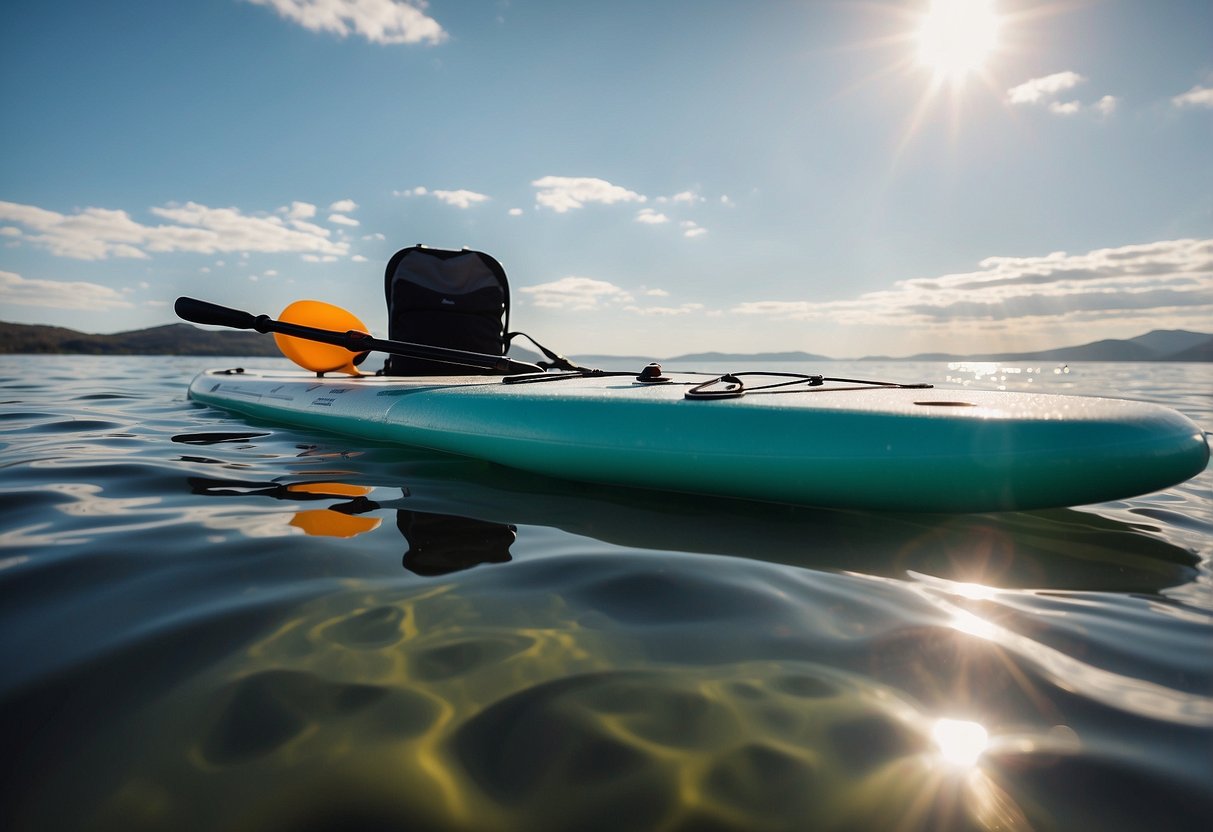 A paddleboard floats on calm water, with a thermal blanket neatly stowed among essential first aid items