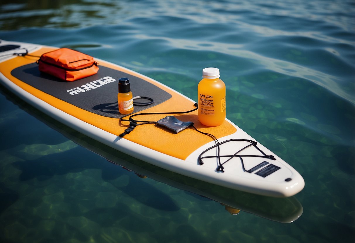 A paddleboard sits on a calm body of water, with a small pouch containing hydration tablets and other essential first aid items visible on the board