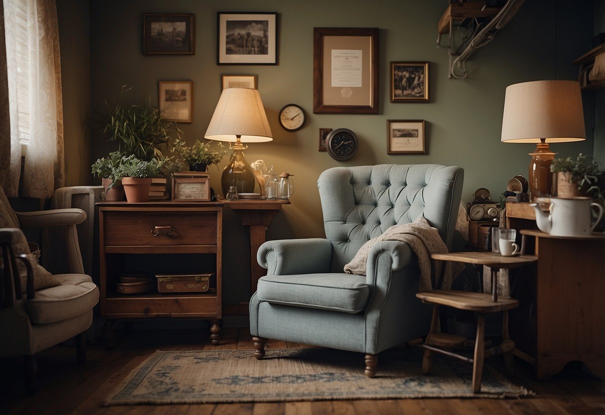 A cozy, cluttered room with a mix of vintage furniture pieces. A sign reads "Frequently Asked Questions" above a worn-out armchair