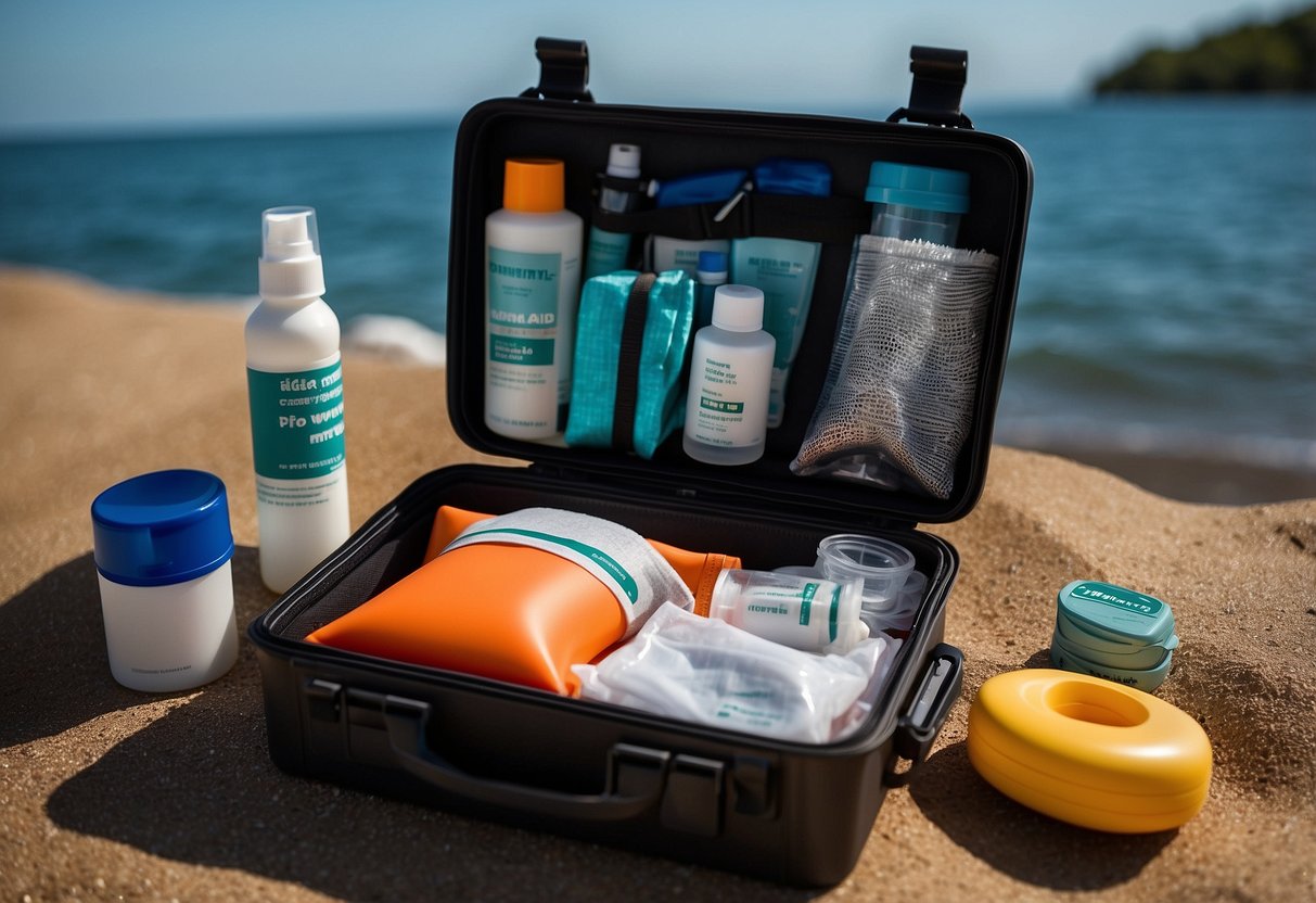 A first aid kit is neatly organized with essential items for paddleboarding. It is stored in a waterproof container, with items like bandages, antiseptic wipes, and sunscreen visible