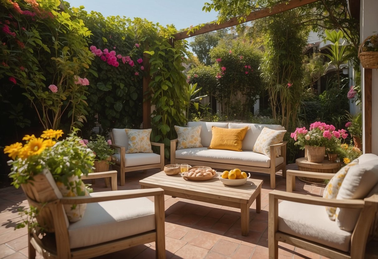 A sunny patio with Pomelo outdoor furniture, surrounded by lush greenery and colorful flowers. A cozy seating area with a table and chairs, perfect for relaxing and enjoying the outdoor space