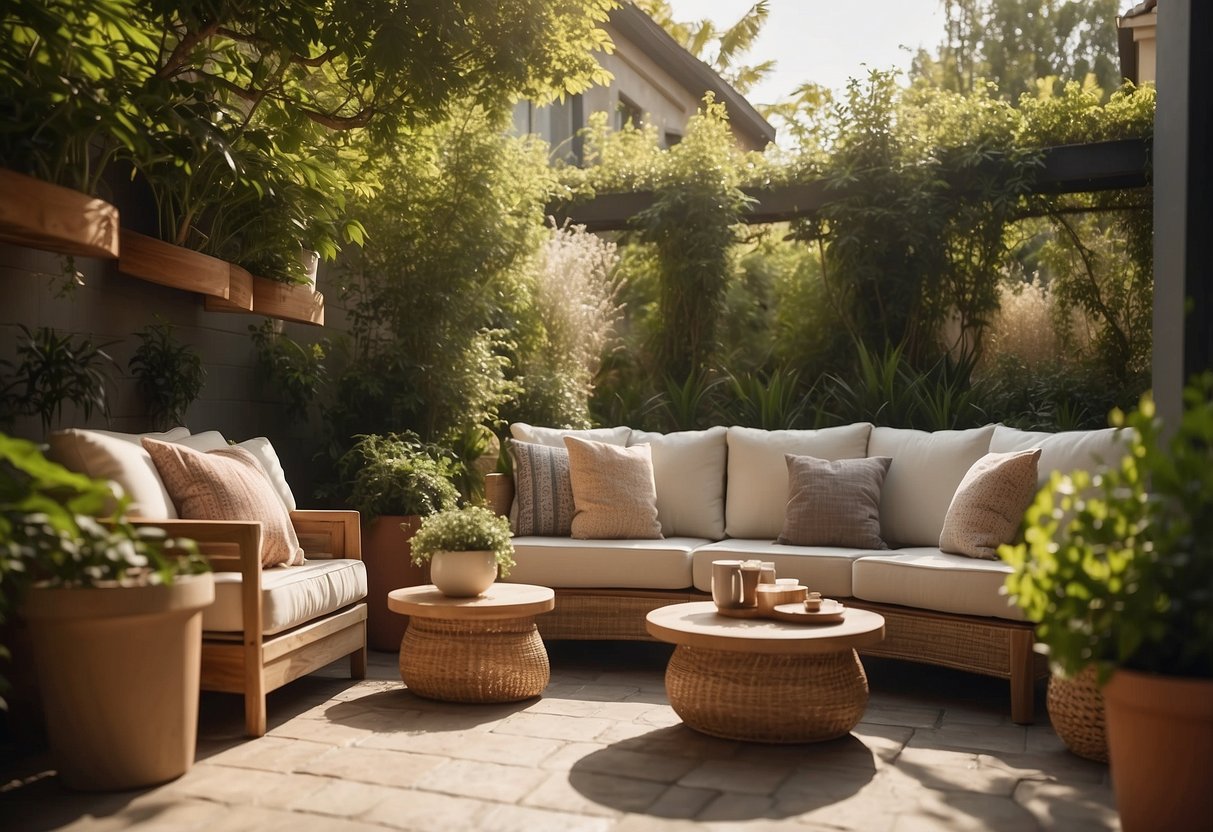 A cozy outdoor patio with high-quality, comfortable furniture, surrounded by lush greenery and bathed in warm sunlight