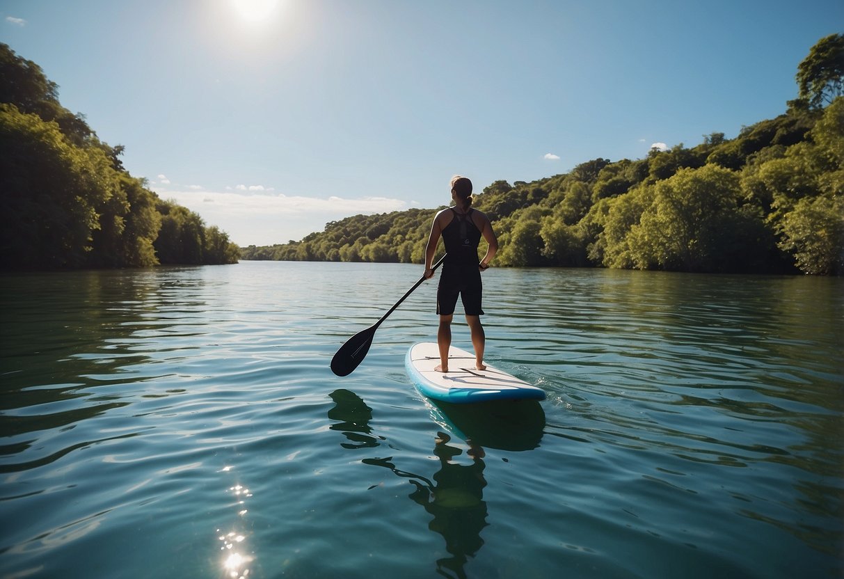 A paddleboard glides through calm water, surrounded by lush greenery and a clear blue sky. The paddleboarder navigates with ease, following the tips for a smooth journey on the waterways