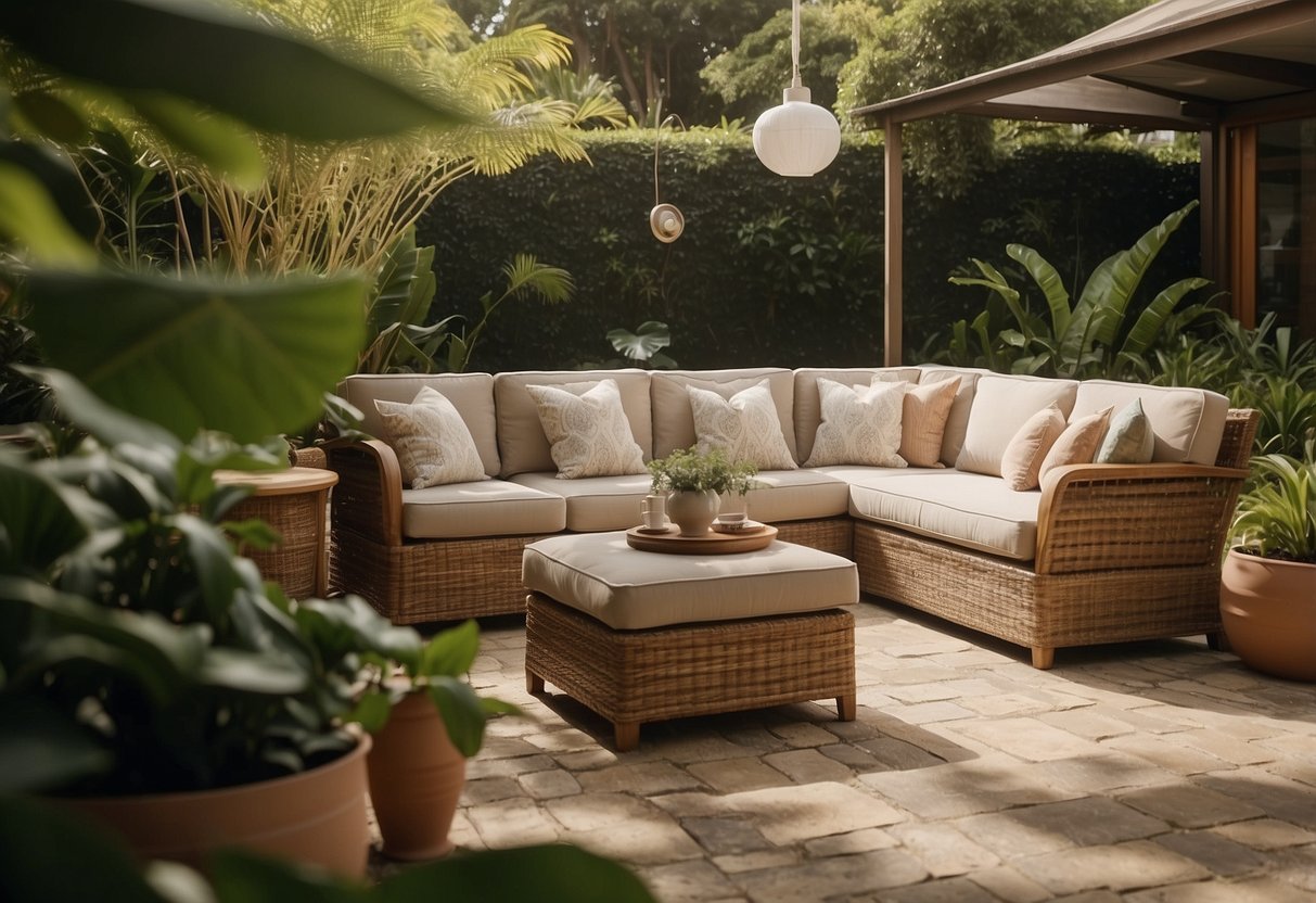 A cozy outdoor setting with a pomelo furniture set, surrounded by lush greenery and dappled sunlight. A small sign nearby reads "Frequently Asked Questions about Pomelo Outdoor Furniture."