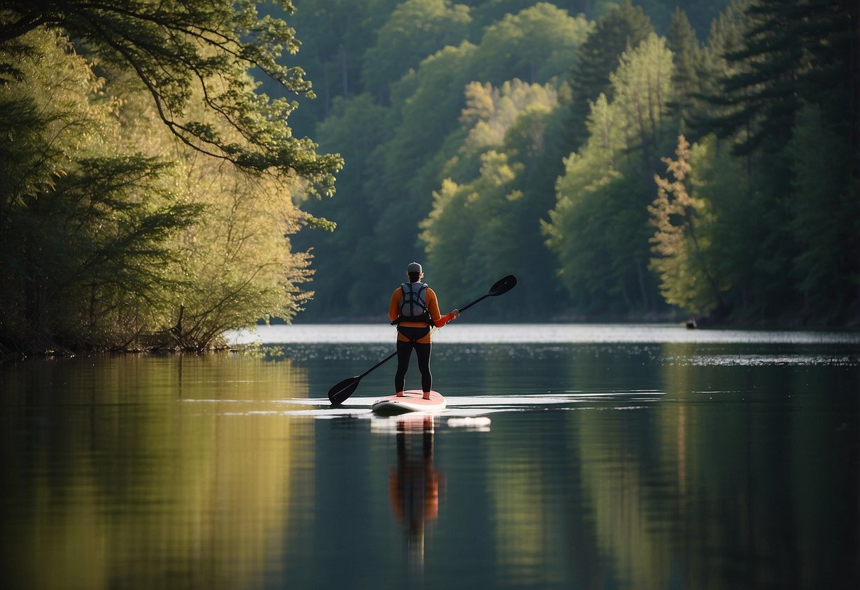 A person wearing a PFD stands on a paddleboard navigating calm waterways. Trees and wildlife surround the peaceful scene