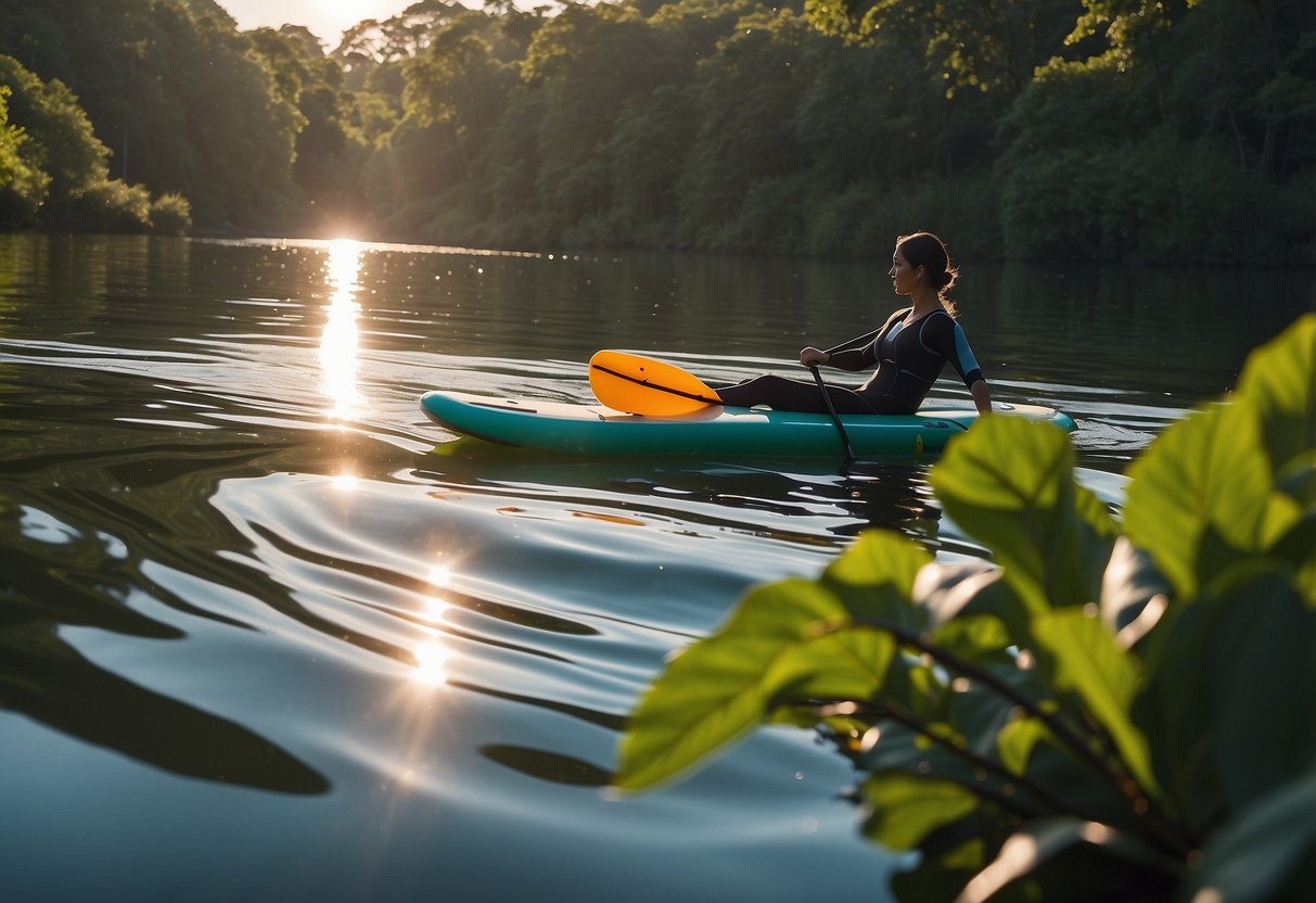 A paddleboard glides through calm water, surrounded by lush greenery. A water bottle sits nearby, reminding the paddler to stay hydrated. Sunlight glistens on the surface, creating a serene and peaceful scene