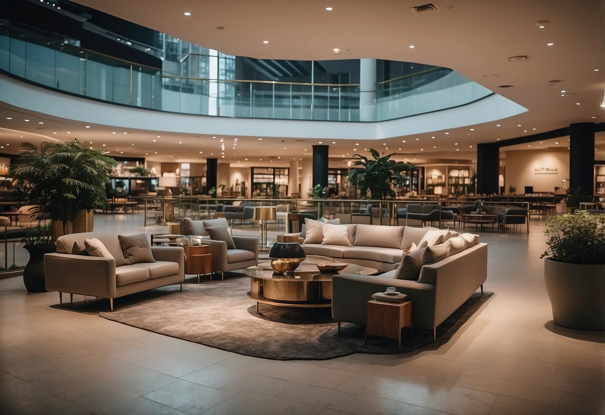 A spacious furniture mall with modern and classic designs, filled with sofas, tables, and shelves. Bright lighting and a welcoming atmosphere