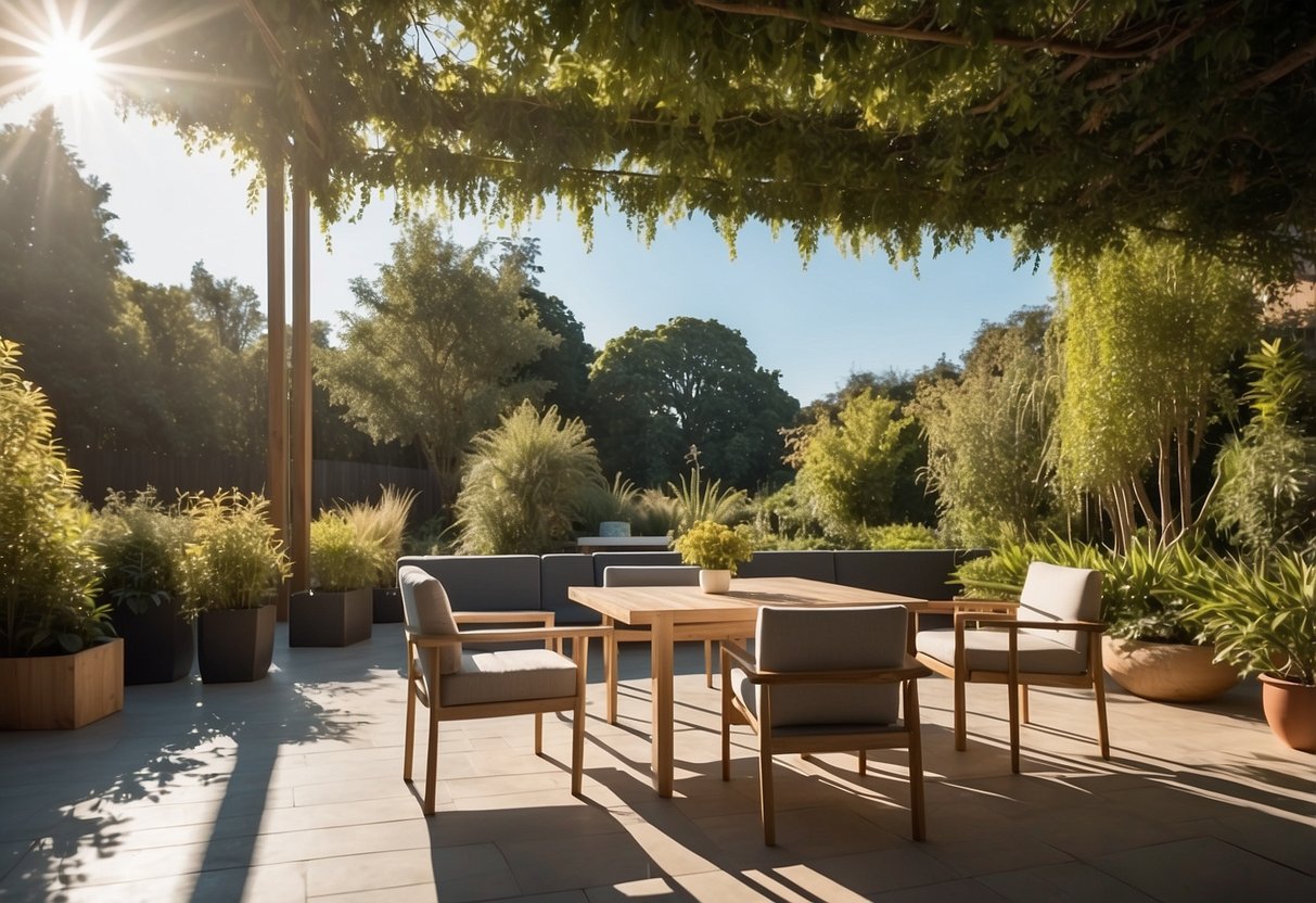 A sunny outdoor setting with a variety of modern and stylish furniture displayed, surrounded by lush greenery and clear blue skies